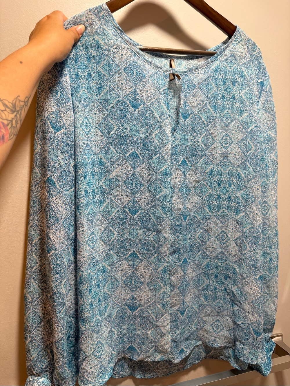 Stetson Teal Mosaic Print Long Sleeve Blouse